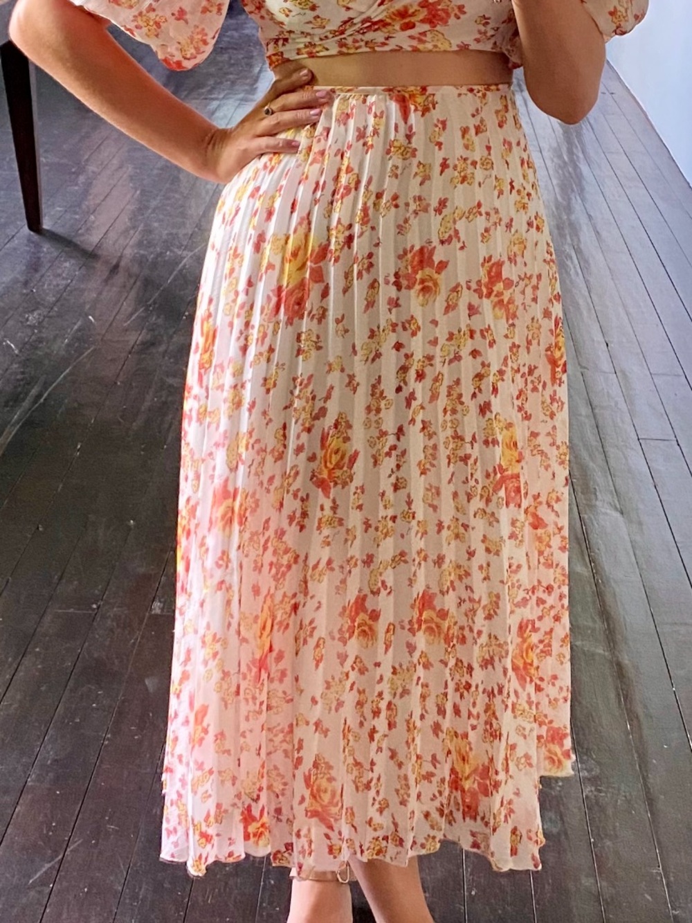 Floral Pleated Midi Dress — Cream with Pink & Orange Blossoms
